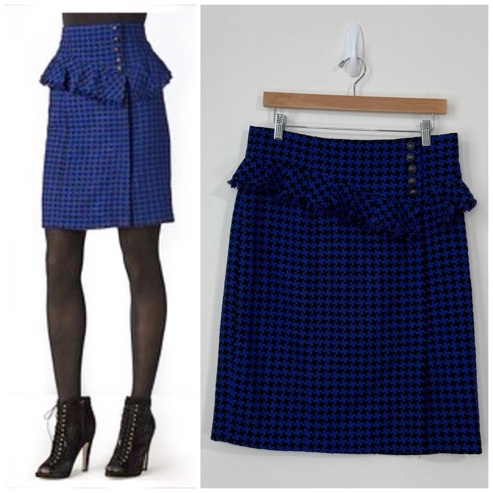 Nanette Lepore Tweed Wool Blend Basque Fringe Pencil Skirt Size 12 Blue Black